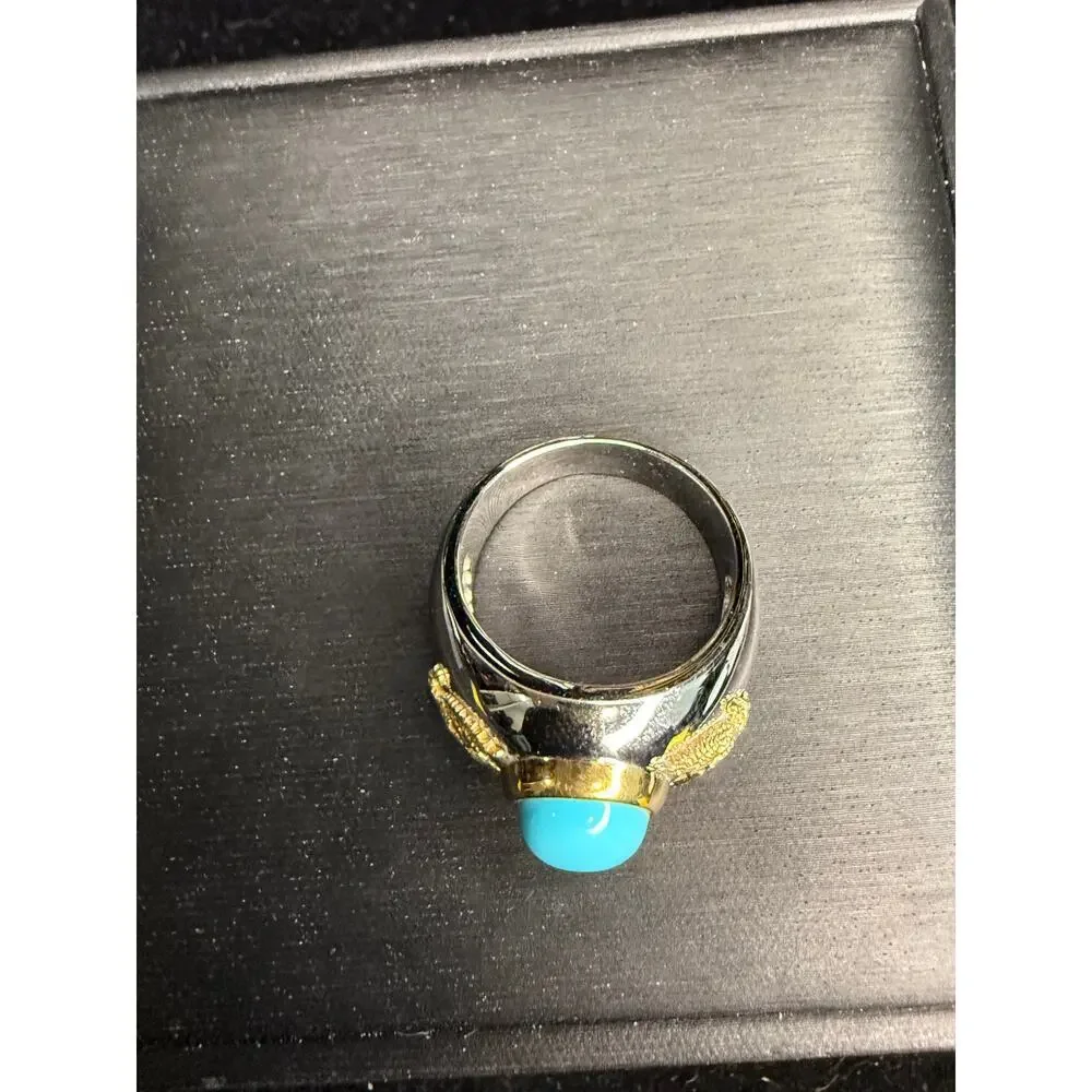 Solid 925 Sterling Silver And Solid 10k Yellow Gold Turquoise Stone Size 10 Ring